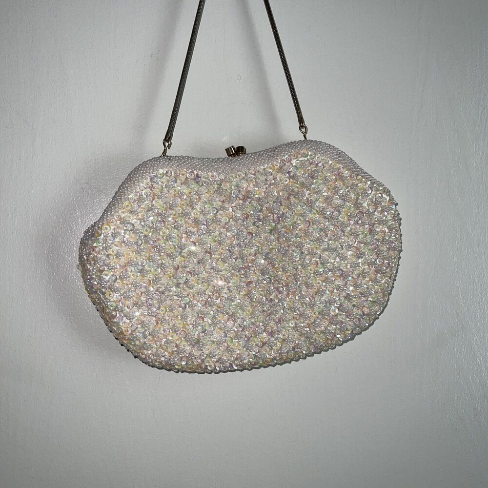 vintage la regale beaded purse White Beads Yellow Satin Lining Chain Handmade HK - Picture 11 of 11